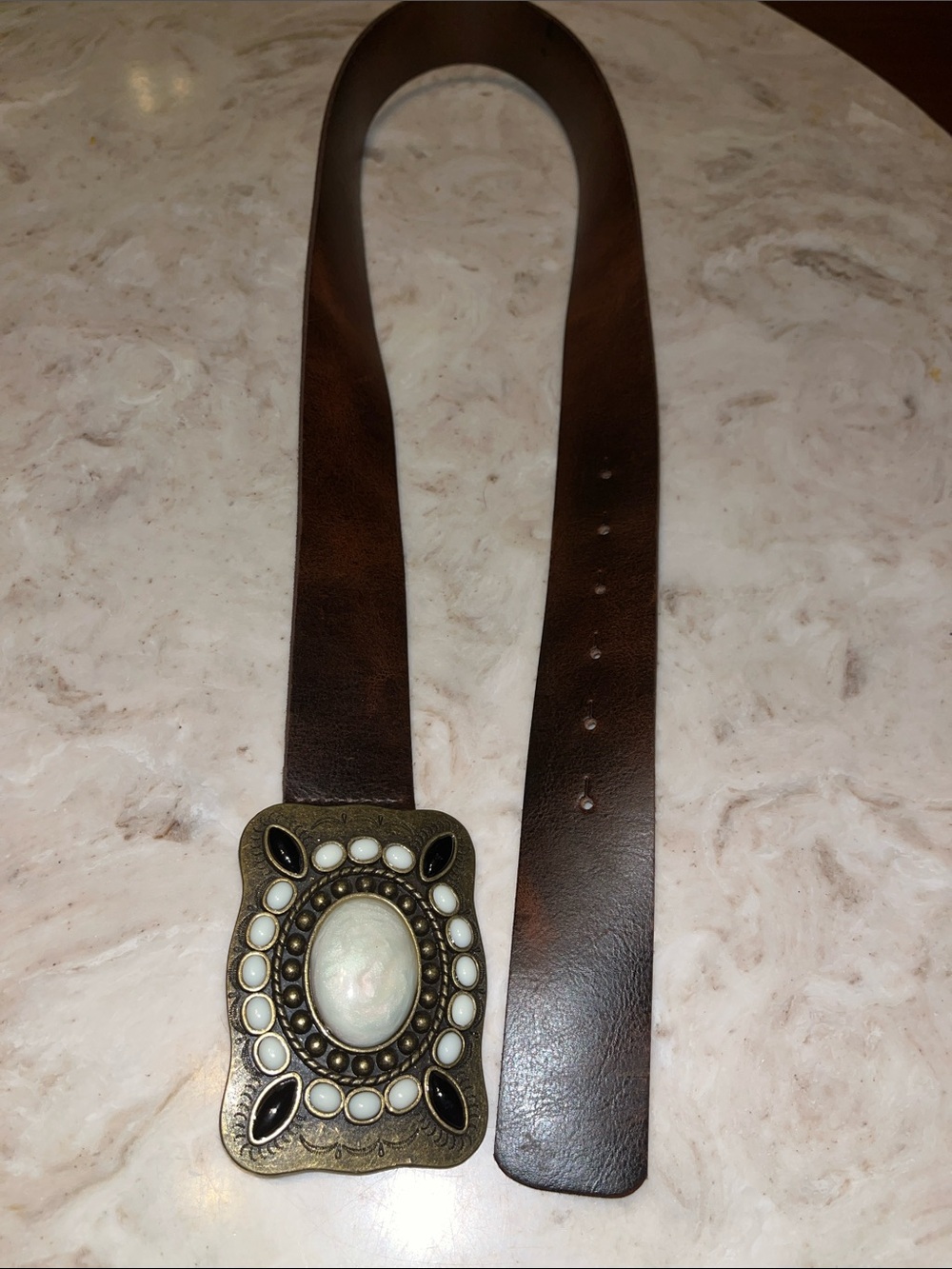 Women's Brown Leather Belt with Decorative Faux Stone Buckle